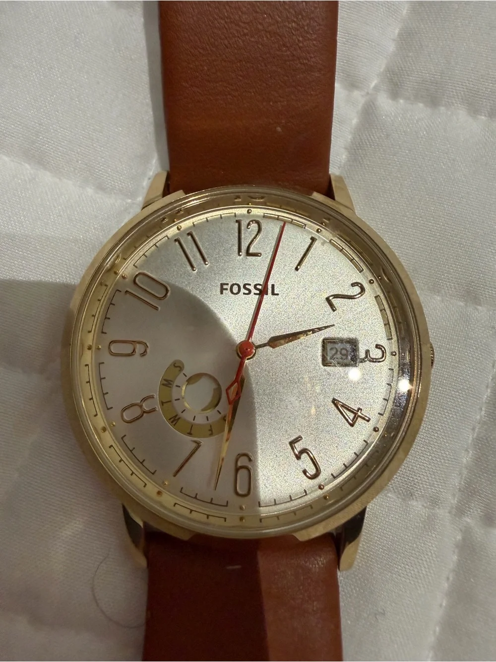 Fossil Gold Case Silver Dial Brown Leather Strap Watch